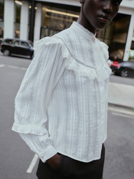 Zara Women's White Lace-Trim Ruffle Prairie Peasant Blouse Nwt